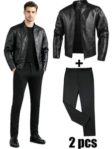 New autumn men’s two-piece set: stand-collar faux leather jacket paired with slim-fit dress pants. Business casual coordinated outfit suitable for everyday wear and formal occasions.