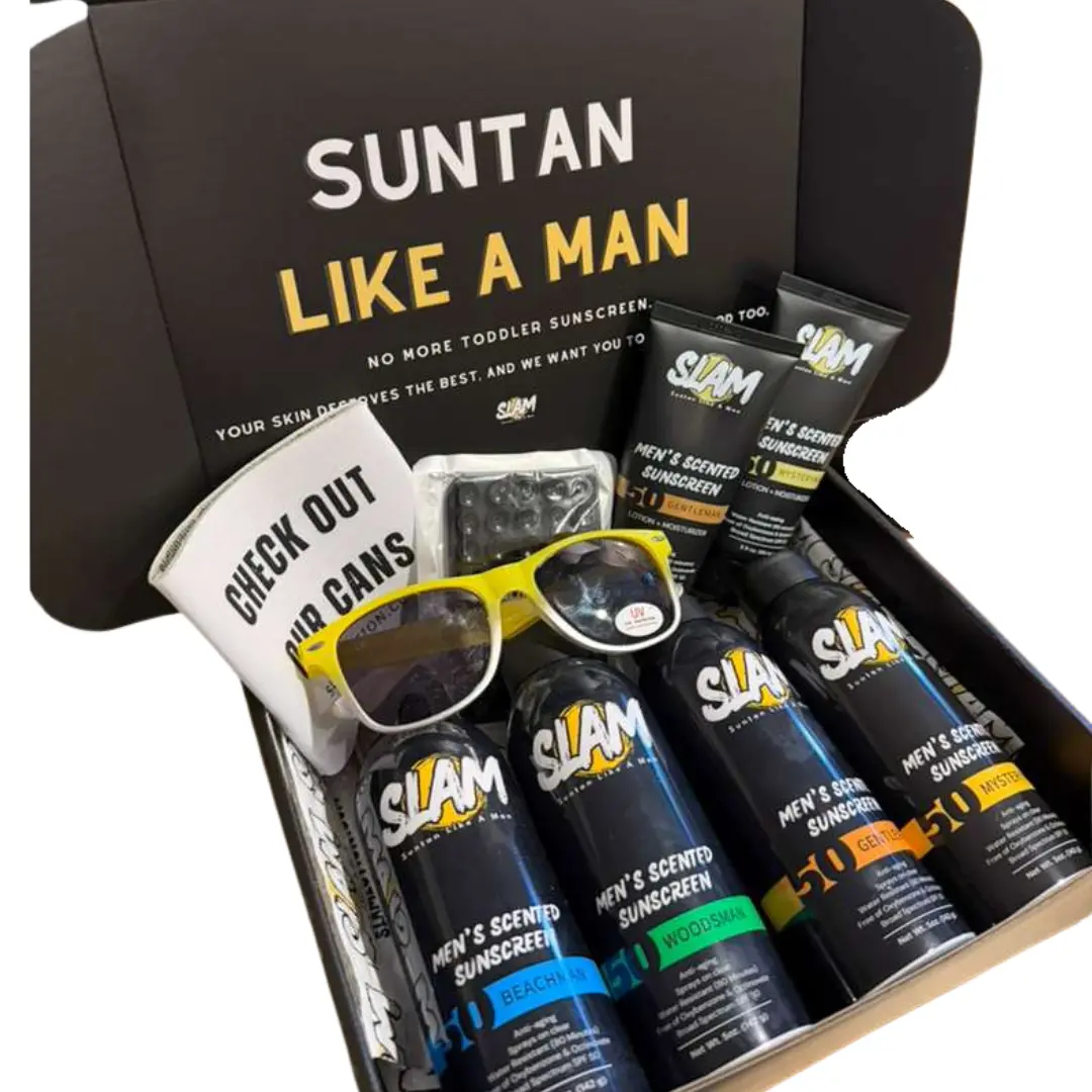 SLAM BOX Men's Normal Skin Luxury Cologne Aroma Smooth Hydrating Sunscreen Set - SPF 50 Scented Spray & Lotion