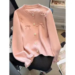 Women's Button Front Bow Decor Crew Neck Long Sleeve Ruffle Cardigan Sweater, Autumn/Winter Casual Loose Fit Solid Color Flowy Cozy Cute Knit Cardigan, Women Fall Outfit, Winter Sweater for Women, Cute Knitwear