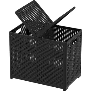 80L Collapsible 2 Section Divided Clothe Hamper, Plastic Folding Laundry Basket, Black, F