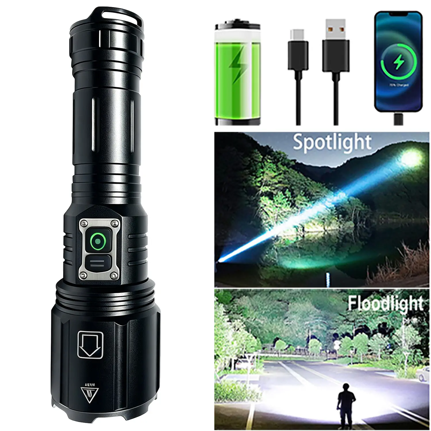 Rechargeable 5000mAh Flashlights, Super Bright 10000 Lumens Waterproof Flashlight, 6 Modes Zoomable Linternas with Power Indicator, Powerful Handheld LED Flashlights for Home Emergencies Camping, with Emergency Charging for Your Phone