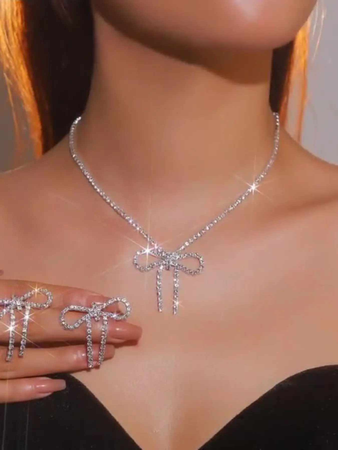 Women Jewelry Set Bow Necklaces Earrings Set Unique Bow Design Elegant Sparkling Accessories Bridal Wedding Party Wear, Zinc Material, All Seasons Wedding Sets, Necklace And Earring Set