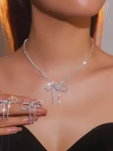 Women Jewelry Set Bow Necklace Earrings Unique Bow Design Elegant Sparkling Accessories Bridal Wedding Party Wear, Zinc Material, All Seasons