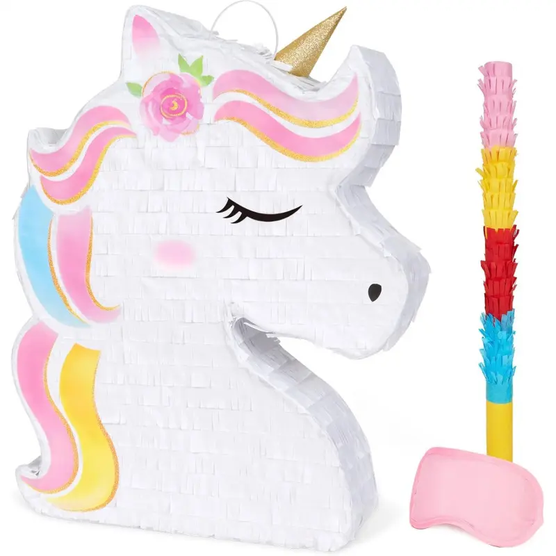 Unicorn Piñata - Unicorn Party Supplies Piñata Bundle with Blindfold and Bat for Girls Rainbow Unicorn Theme Birthday Party Game Decorations (15.7" x 12.2" x 3.1")