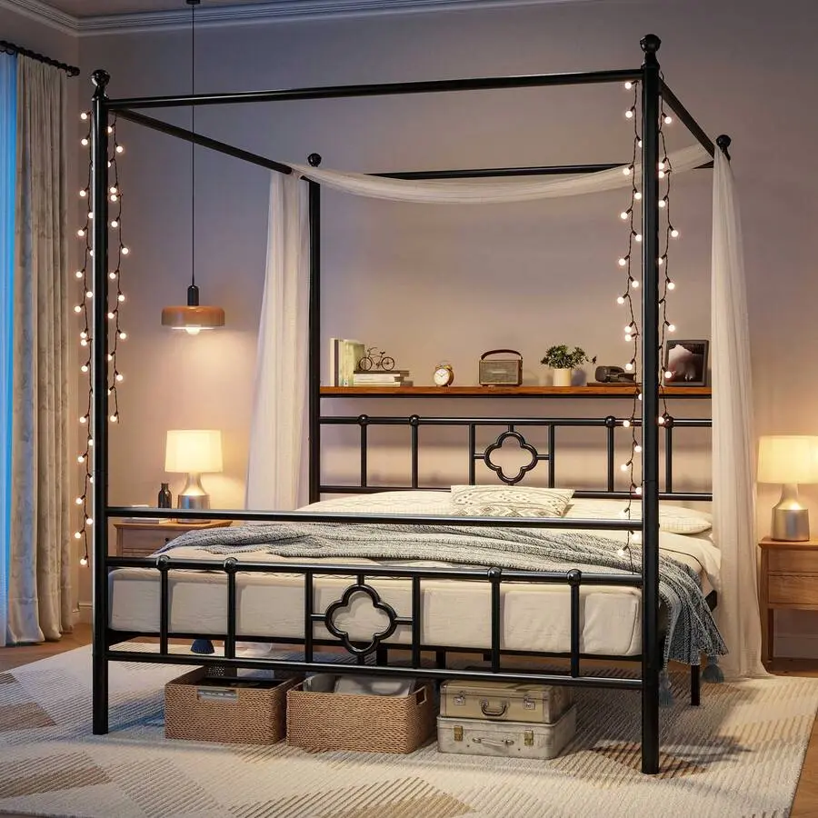 Canopy  Frame With Storage Headboard Metal Platform  With 4 Removable Posts Dual Purpose  Frame With Under- Storage,White bed