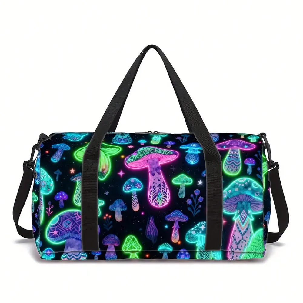 Unisex Mushroom Print Handheld Travel Duffel, Large Capacity Polyester Yoga Bag for Gym with Multiple Pockets and Luggage Sleeve, Large Capacity Handheld Travel Bags