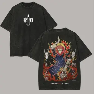 Vintage Jujutsu Kaisen Ryomen Sukuna Oversized T-Shirt, Retro Washed Black Distressed Anime Graphic Tee, "Fear The King Of Curses" Streetwear For Men & Women