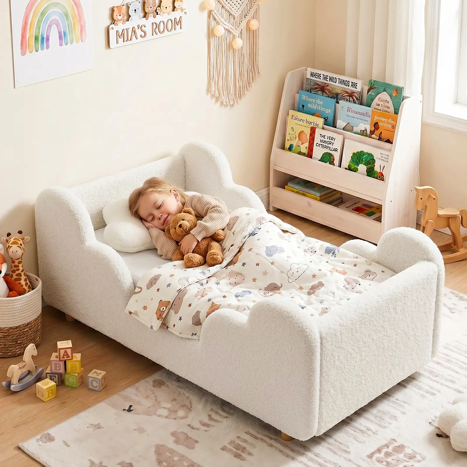 Lilypelle  Toddler Floor Bed, CPC Certified Upholstered，55.9" Cloud-Shaped Kids Bed with 200LBS Load Capacity, Soft Teddy Fleece Toddler Bed Frame for Boys & Girls, No Mattress Included summerwins,dorm essentials,home decor deskmakeover