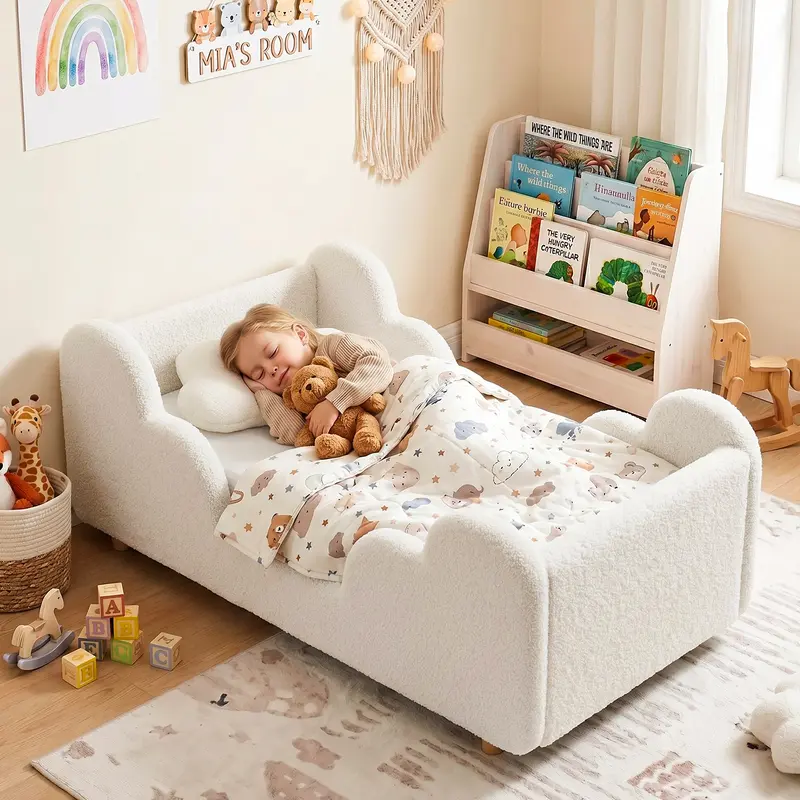 Lilypelle Toddler Bed - CPC Certified Upholstered 55.9" Cloud-Shaped Kids Bed, 200LBS Load Capacity, Soft Teddy Fleece Finish Feels Gentle Teddy Fabric, Rounded Corner Pad, Safety Padded Frame for Boys/Girls (No Mattress Included) - Home Decor