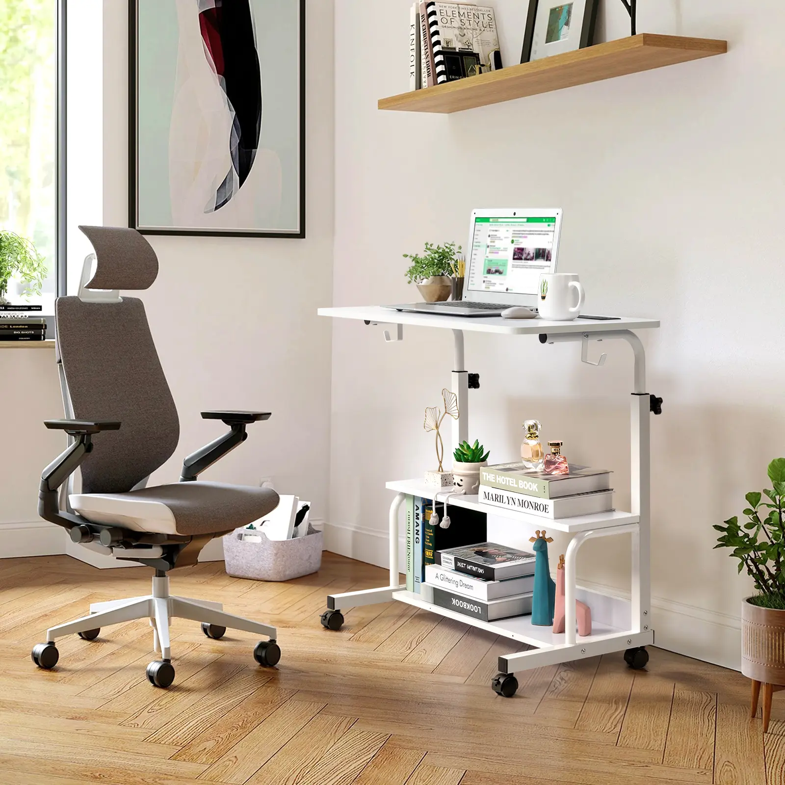 Adjustable Ergonomic Office Desk - 80.00x40.00x104.00cm, 15mm Particle Board, 9kg, Durable White Wood Grain Melamine Coating, Easy Maintenance, Built-in USB Ports & AC Outlets, Ideal for Studying