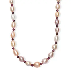 Multi Color Freshwater Pearl and Garnet 10 ctw Necklace in Rhodium Over Sterling Silver 18 Inches Christmas Gifts