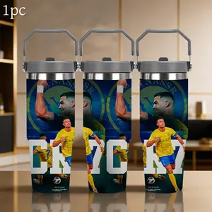 1pc 30oz-ounce stainless steel insulated travel cup dynamic action shots of Ronaldo in his iconic Al Nassr yellow kit, paired with large white "CR7" -a double-wall vacuum bottle,suitable for both hot and cold drinks, workouts, or daily use