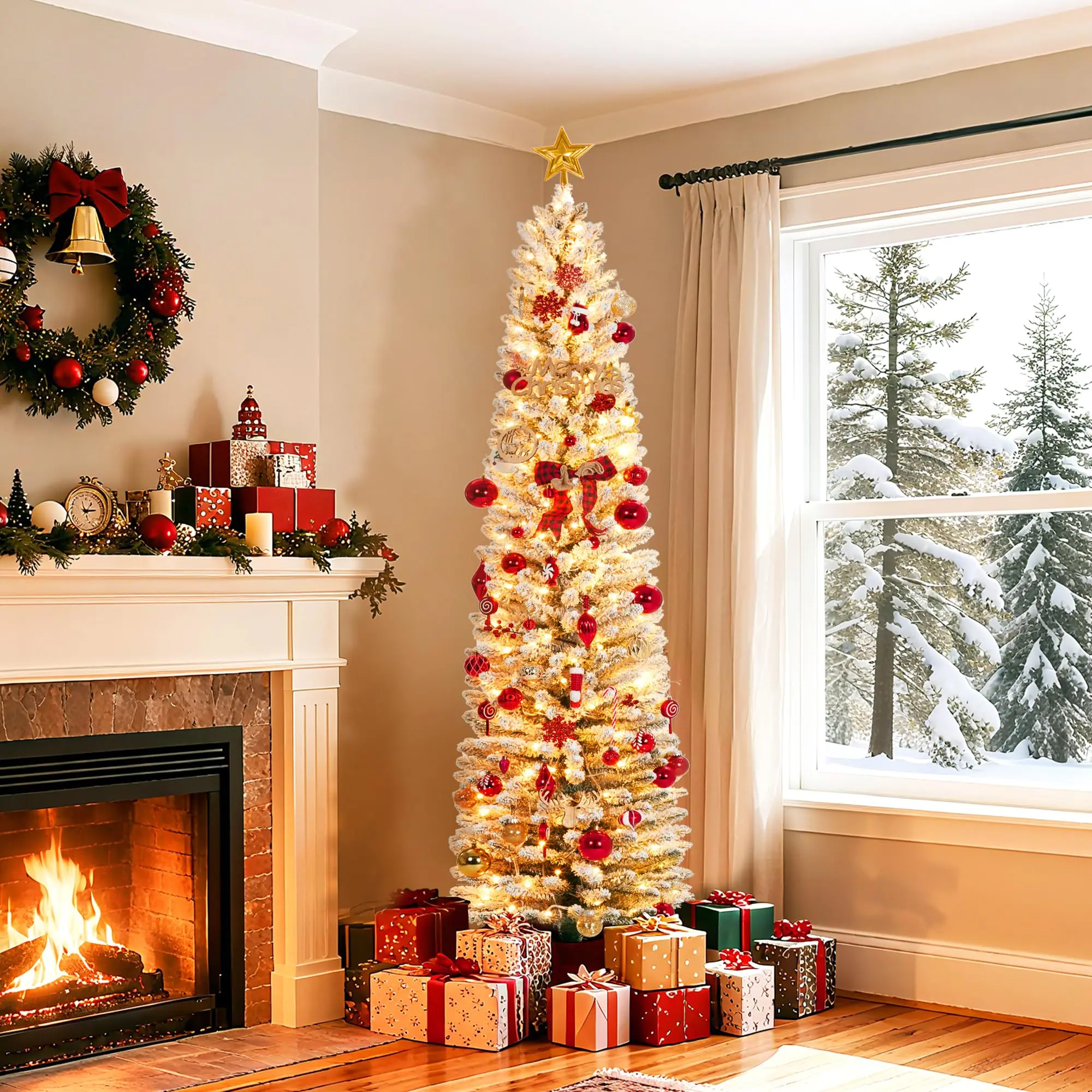 7.5ft Pre-Lit Snow Flocked Pencil Christmas Tree with 220 Warm White Lights, Slim Design & Hinged Metal Stand for Indoor Party Decor - Fire-Retardant