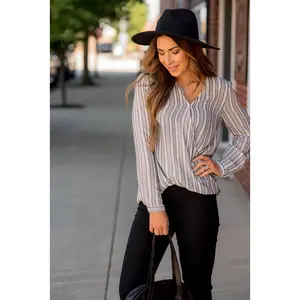Vertical Stripe V-Neck Wrap Blouse