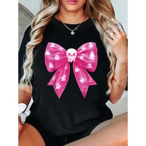 T shirts Pink Ghost Bow Coquette Halloween Spooky Season Womens Girls T-Shirt Breathable & Comfort Fit Tee Women,Short Sleeve Crew Neck Top for All Seasons,Graphic Tees Women Tops Casual Loose Womenswear Streetwear