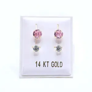 14KT Gold Round Pink & White CZ Telephone Style Earrings