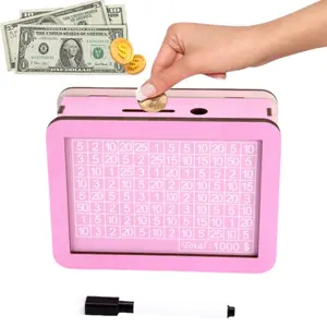 & Blue Wooden Money Box Bank DIY Savings Jar, Reusable & Writable Coin and Paper Currency Holder, Cash Coin Jar Desktop Decoration Gift for Boys & Girls