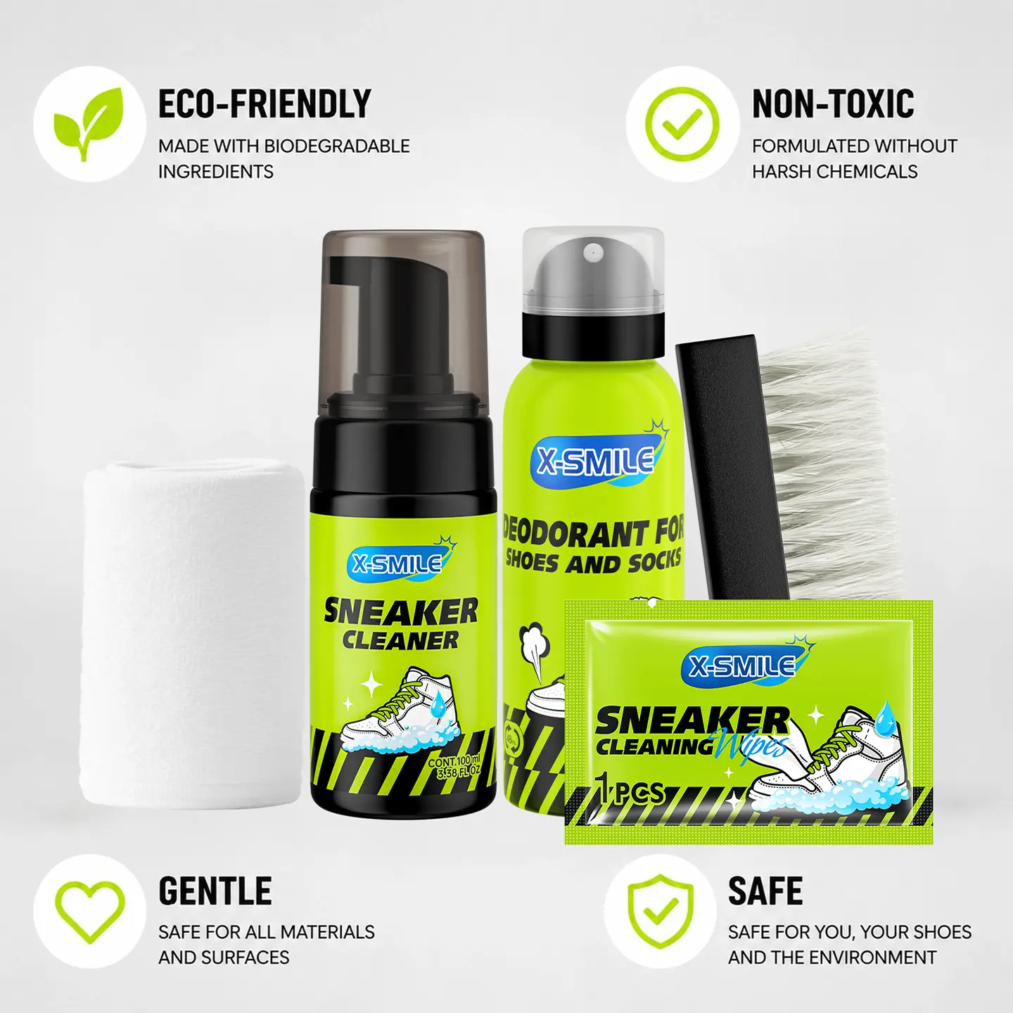 X-SMILE Shoe & Sock Deodorizer Cleaning Kit for White Sneakers: Deodorizing Spray (no water washing required), Foam Clean Agent, Brush, and Wet Wipes