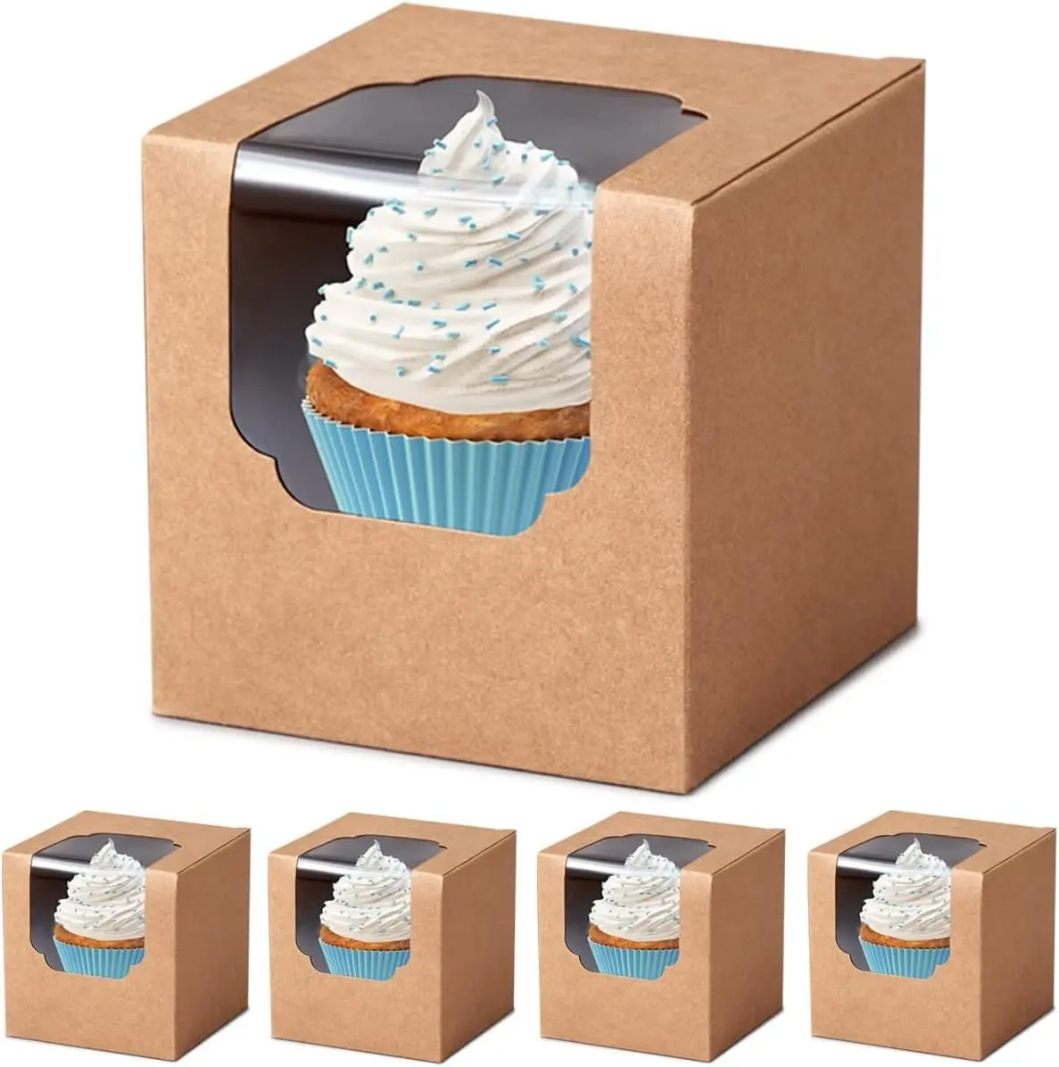 100 Pcs Kraft Brown Cupcake Boxes Individual Bulk Paper Cupcake Containers Single with Insert and Window, Pop up Cookie Boxes and Cocoa Bombs Boxes Packaging for Bakery Gift Giving