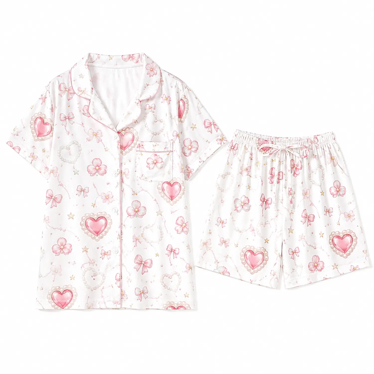 Pink Heart Bow Floral Print Short Sleeve Button Down Pajama Top and Elastic Waist Shorts Two-Piece Cute Lounge Sleepwear Set