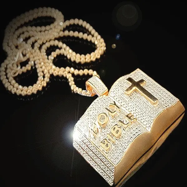 Holy Bible Cross Pendant Gold Necklace - Religious Prayer Christian Scripture