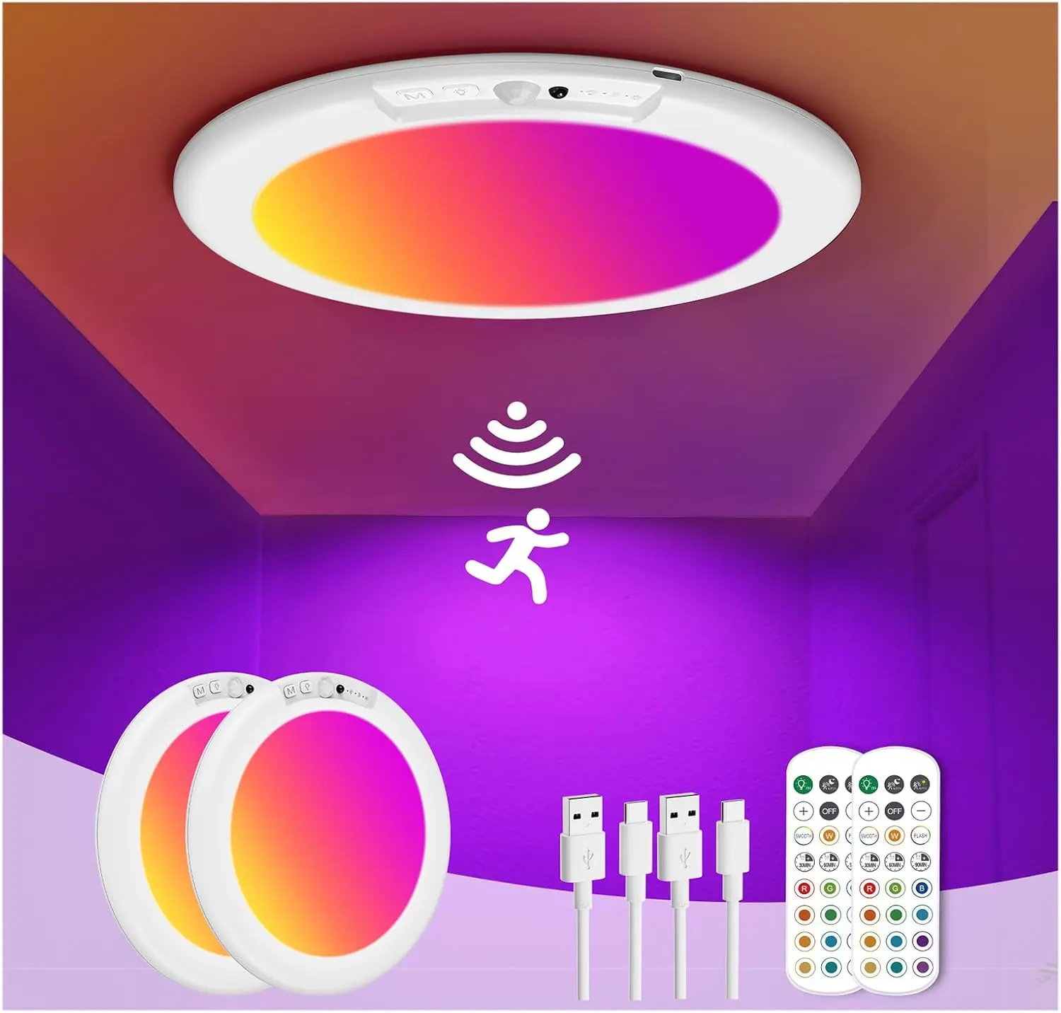 2-Pack Modern Thin Plastic Body 20W LED Spots, Rechargeable Motion Sensor Magnetic Wireless Battery-Operated Dimmable Ceiling Lights with Remote, Indoor Overhead Lamps for Hallway, Pantry