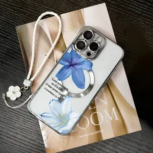 Blue Lily Clear Electroplated Magnetic Phone case for iPhone 17Pro Max Air 16Plus 15 14 13 12 11 cases,Anti-drop wrist strap, Shockproof Drop,Protection Durable,Protective Silicone Cover,The Best Gift for a Girl.JL80
