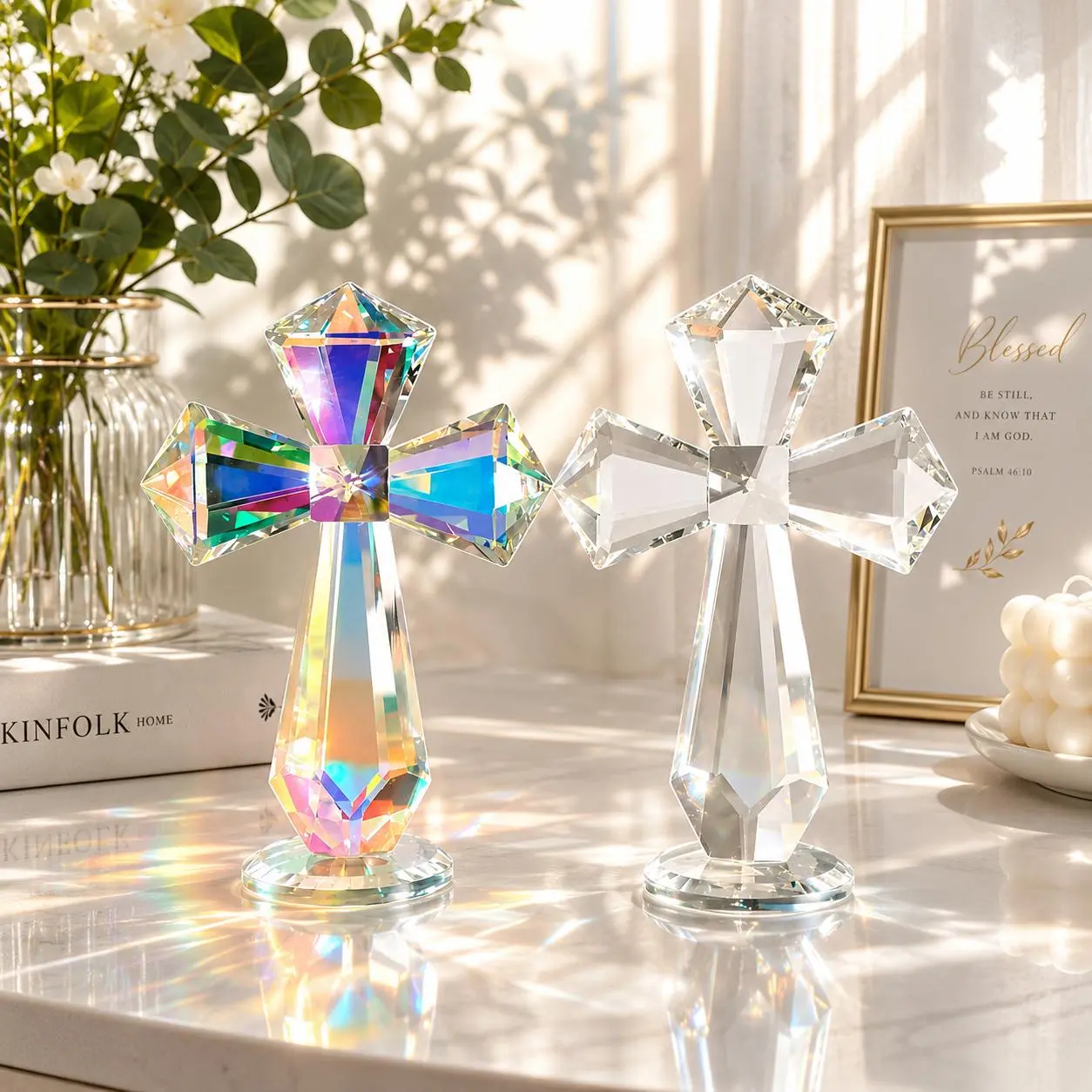 Aurora Borealis Iridescent Crystal Standing Cross Statue - Faceted Cut Glass Figurine, Religious Faith Decor, Artistic Decorative Statues, Home Tabletop Decoration Ornaments, Christian Baptism Keepsake Gift, Collectible Figurine Statues
