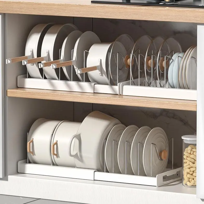 【SummerVibes】Expandable Pot and Pan Organizer Rack for Cabinet, Pot Lid Organizer Holder with 7 Stainless Steel Adjustable Dividers – Durable Rust-Resistant Storage for Cookware, Bakeware, Small Kitchen, Apartment & RV Organization，Kitchen Accessories