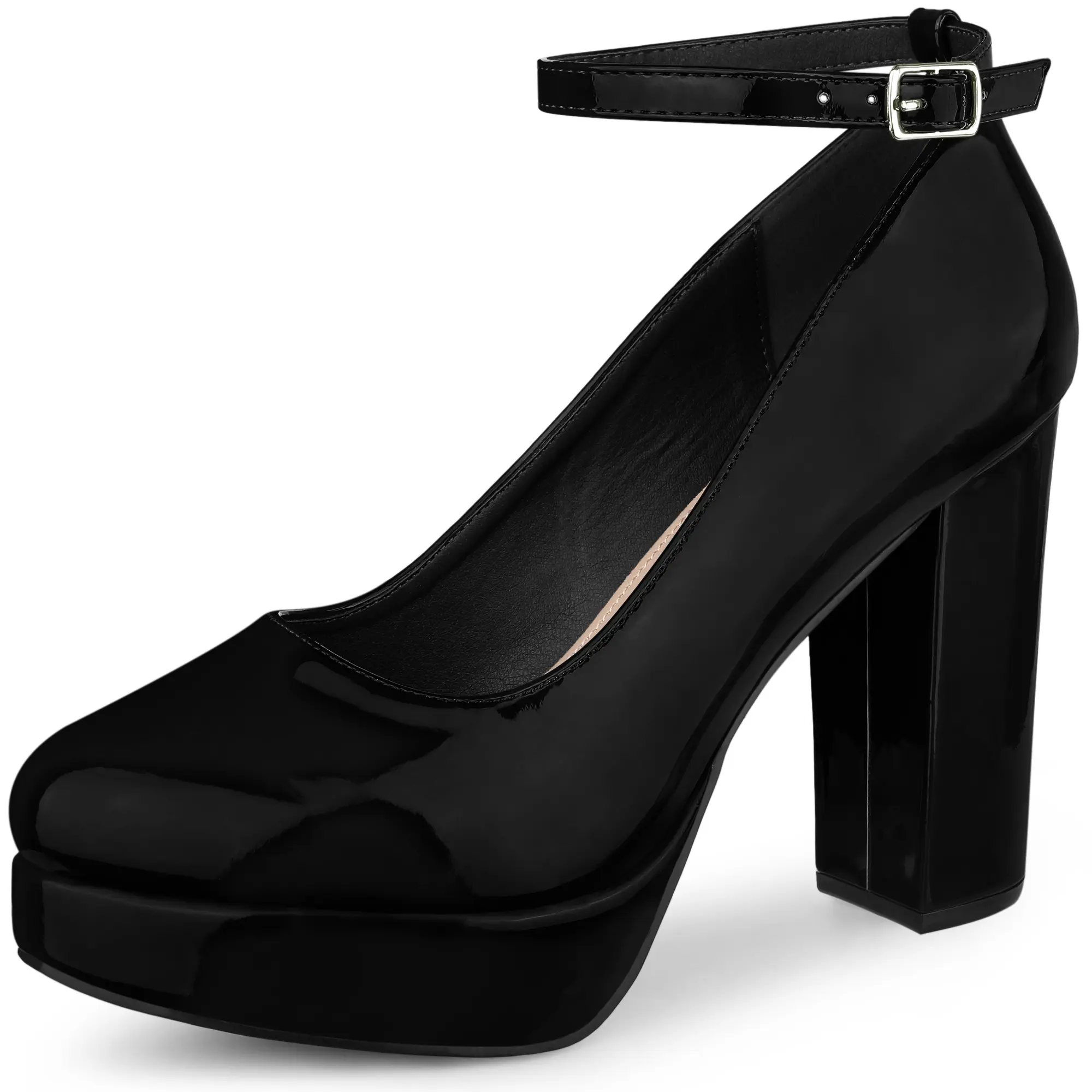 BLISSFUL STEP Mary Janes Platform Ankle Strap Block Heels Pumps
