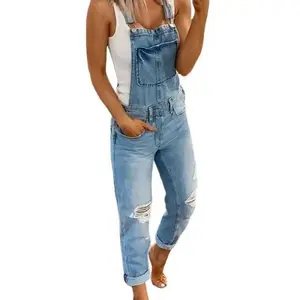 Women's Ripped  Bib Overalls Adjustable Straps Pockets Jean Rompers Casual Distressed Jeans Fit Jumpsuits   Style Double Shoulder Strap Ripped  Jumpsuit Women's Casual Wear Dungarees Comfort rompers women romper