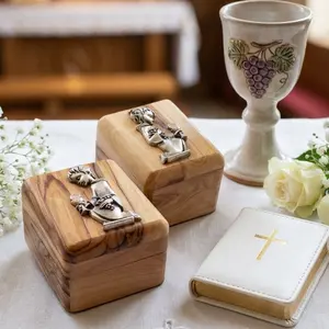 Rosary Box for baptism | First Communion, Baptism, Confirmation small Trinket Box Gift from Godparents | Keepsake Olive wood box for girls