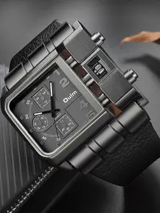 Oulm Brand 3364 Unique Design Square Men Wristwatch Wide Big Dial Elegant Square Dial Quartz Watch Male Sport Watches, Punk Temperament Square Dial Analog Quartz Watch, Daily Clothing Decor, Trendy All-match & with Box