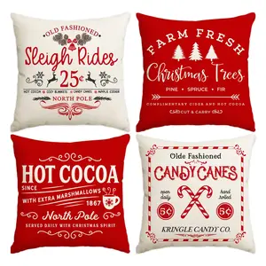 4pcs red Christmas pillowcases, 18x18 inches per set of 4, farmhouse Christmas decorations, Happy Tree, winter holiday decorations, home sofa cushion covers, Christmas tree, candy cane pillowcases, Christmas decorations (without pillow core)