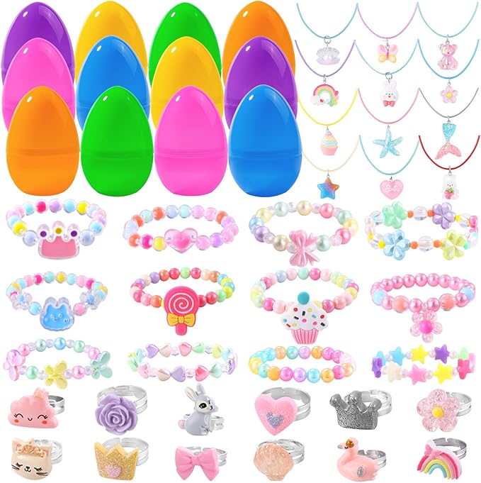 12 Pack Prefilled Easter Eggs for Kids  Easter Basket Stuffers & Fillers with 36 Cute Bracelets Necklaces & Rings  Perfect Easter Gifts Party Favors & Egg Hunt Supplies for Girls & Toddlers