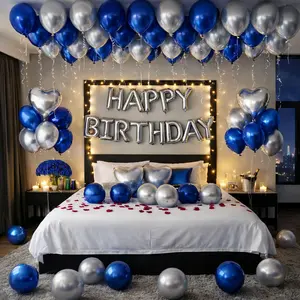 61pcs Blue Birthday Party Decoration Set with Happy Birthday Balloon Banner & Latex Balloons for Men's & Women's Themed Parties PET Material Heart-Shaped & Flexible Setup