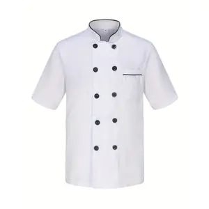 Men'S Short-Sleeve Chef Uniform with a Stand-Up Collar, Double-Breasted Design, Lightweight And Breathable for Summer, Suitable for Hotels, Restaurants, Kitchens, And Baking Shops, Offering Protection Against Dirt And Oil.