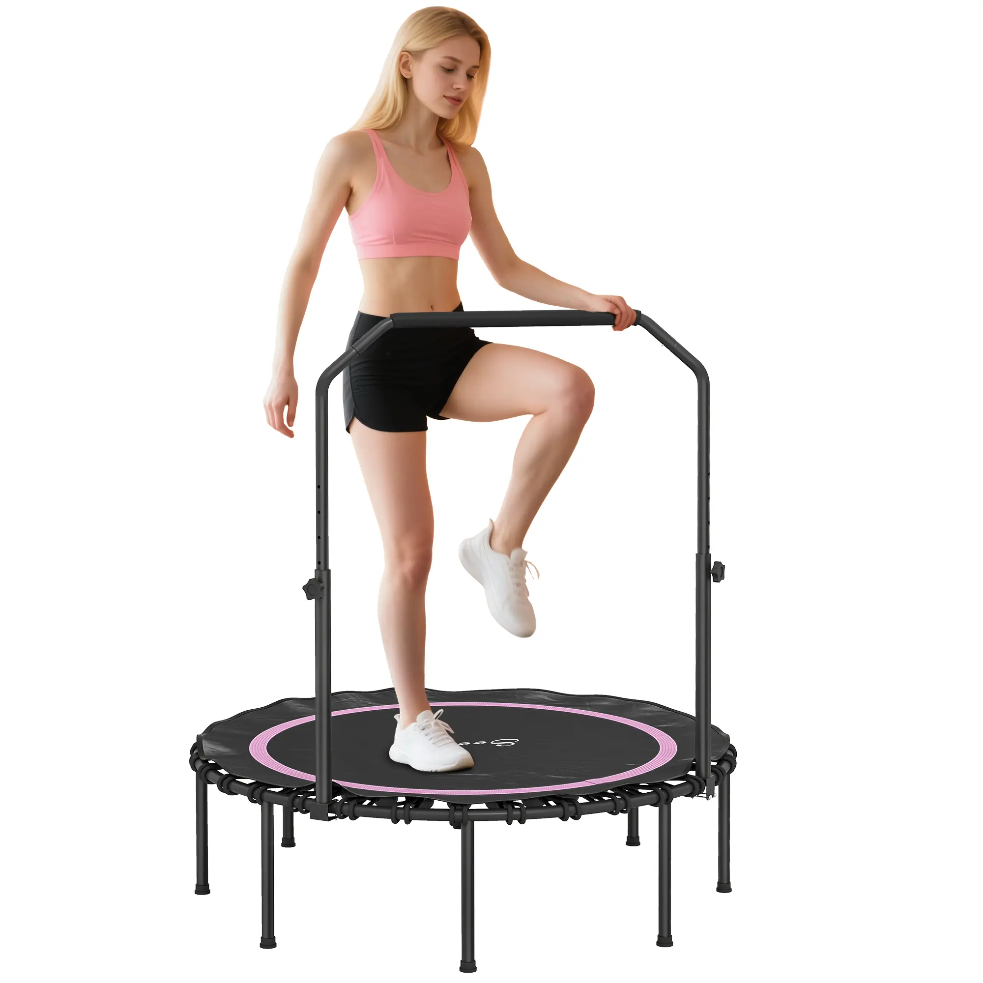 Soozier Adult Foldable Mini Trampoline, Quiet Steel Frame Bungee Rebounder with Height-Adjustable Handle for Indoor/Outdoor Cardio, 440 lbs Capacity, Height Adjustable Trampoline, Quiet Bounce, Mini Jump Platform Fitness Trampolines