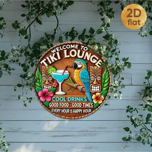 Tiki Lounge Vintage Tin Metal Sign, Welcome Retro Wall Art Decor 8x8 Inch, Rustic Home Bar Cafe Man Cave Decor, Weatherproof Alu