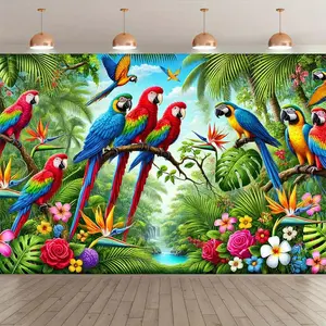 1pc Vibrant Tropical Rainforest Photography Backdrop with Colorful Parrots - Durable Polyester Tapestry for Indoor/Outdoor Party Decor, Studio Props, Birthday & Holiday Events - No Electricity Needed, Indoor Outdoor Motivational Cotton Room Flag