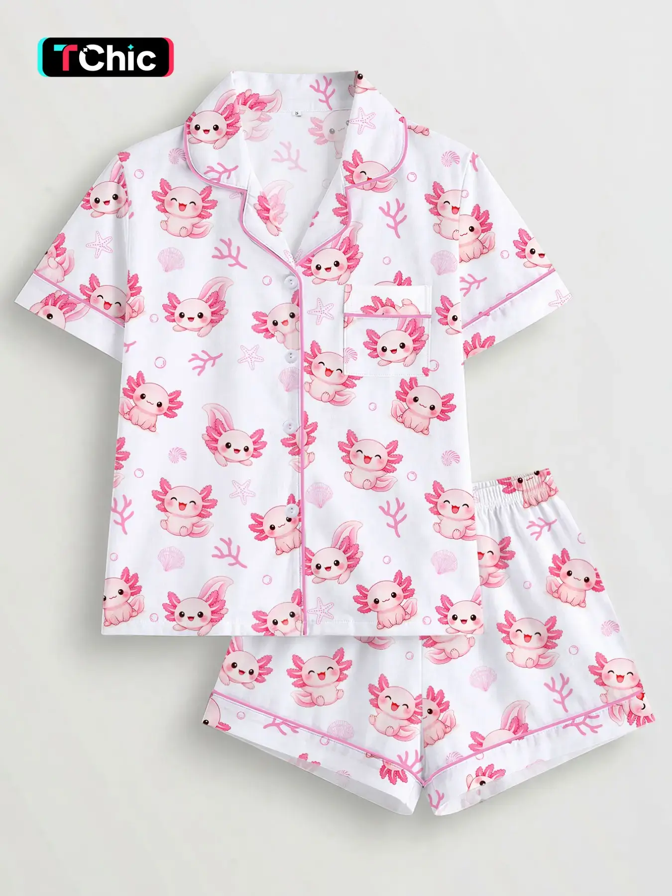 Women's Summer Pajama Set, Hexagon Dinosaur Print, Short Sleeve Button Front Top, Elastic Shorts, Casual All-Season Sleepwear