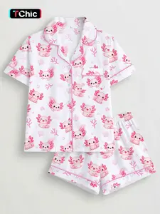 Soft Adorable Hexagon Dinosaur Pajama Set, Summer Lightweight Breathable Short Sleeve Shorts, Girl's Heartfelt Home Wear, Summer Sleepwear, Soft Breathable Pjs