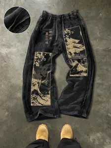 Men's Casual Loose Cotton Sports Pants, Fuji Mountain & Crane Graphic Print, Street Style, Drawstring Waist, Ankle Length, All Seasons