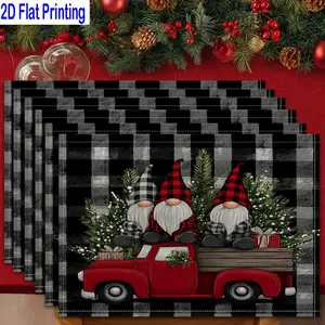 1PC/4Pcs/6Pcs 2D Flat Printed Red Truck Christmas Gnomes Buffalo Plaid Table Mats, Placemats, Heat-resistant Kitchen Table Mats, Home Restaurant Table Mats, Outdoor Picnic Table Cloth Mats, Kitchen Decorative Placemat, Household Placemat, Etc
