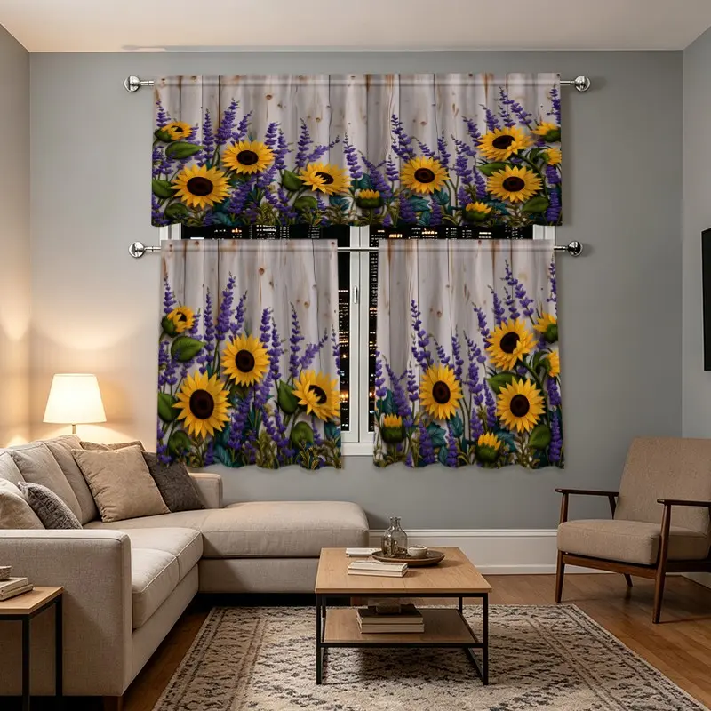 3pcs Sunflower Flower Wood Grain Curtains, Kitchen Living Room Decor Valance Set, Home Decoration Curtain, Cafe Restaurant Window Curtain, No Pole, Ideal for Home Enthusiasts