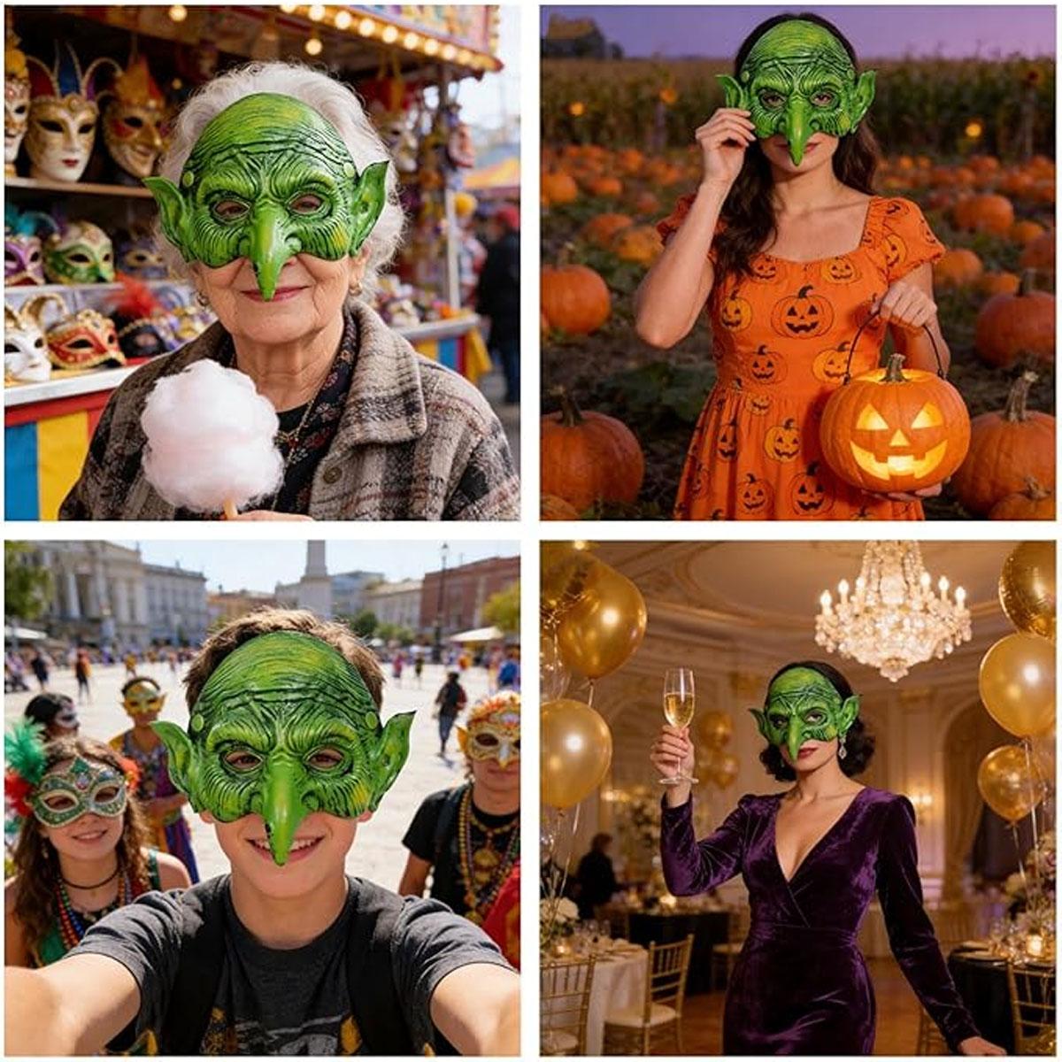 green goblin mask，Horror Green Witch Mask, realistic pleated texture and pointed ear design, suitable for cosplayers with Halloween horror themes, haunted house carnival prank props, movie night role-playing theme party decoration accessories