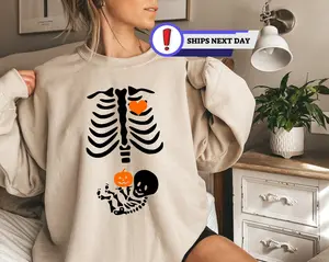 Pregnant Skeleton Halloween Sweatshirt - Hoodie, Cute Maternity Pumpkin Baby Shirt, Fall Pregnancy Reveal Top, Spooky Mom To Be Outfit Gift, Funny Pregnancy Announcement