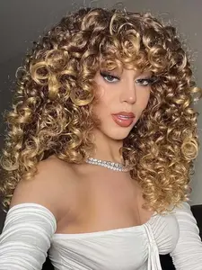 Ombre Blonde Wig for Women 18 Inch Long Curly Afro Wig With Bangs Big Bouncy Fluffy Synthetic Hair Glueless Wig for Daily and Cosplay Use.
