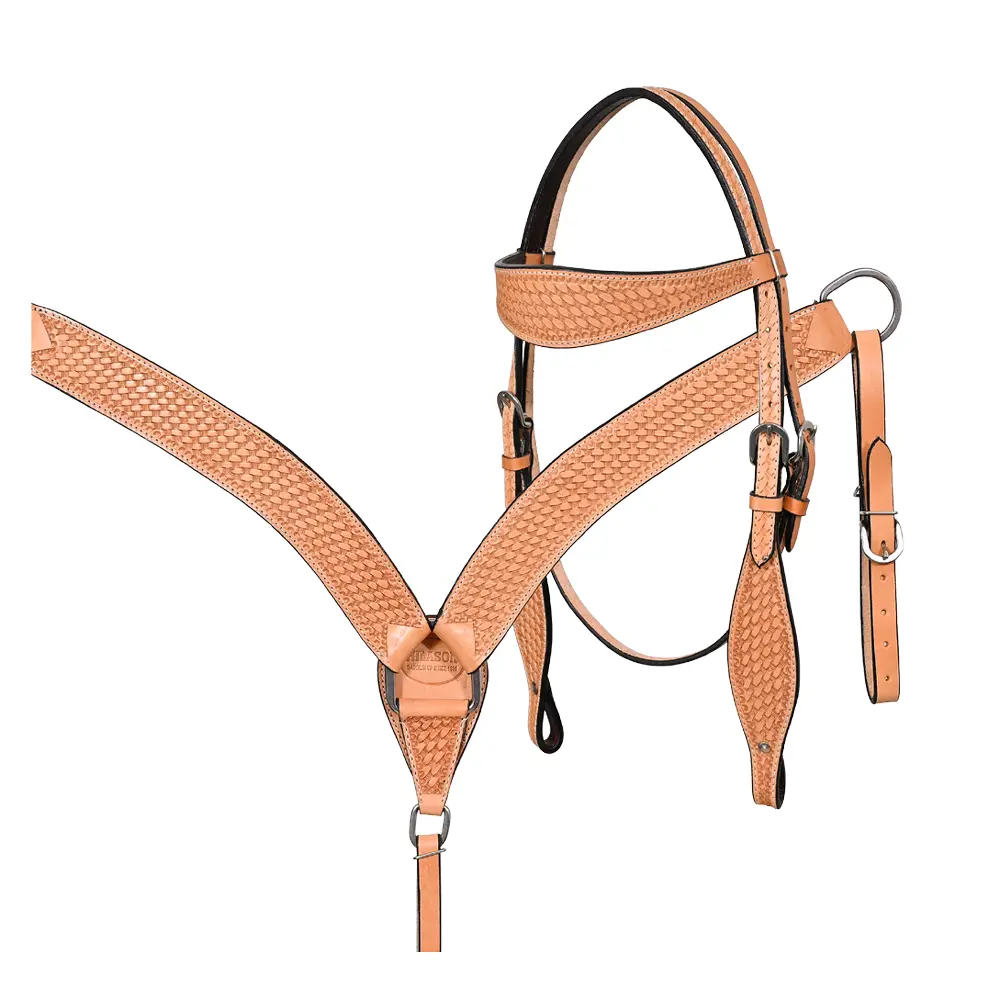 HILASON Western Horse Headstall Breast Collar Set Genuine American Leather Basket Weave Tan | For Horses