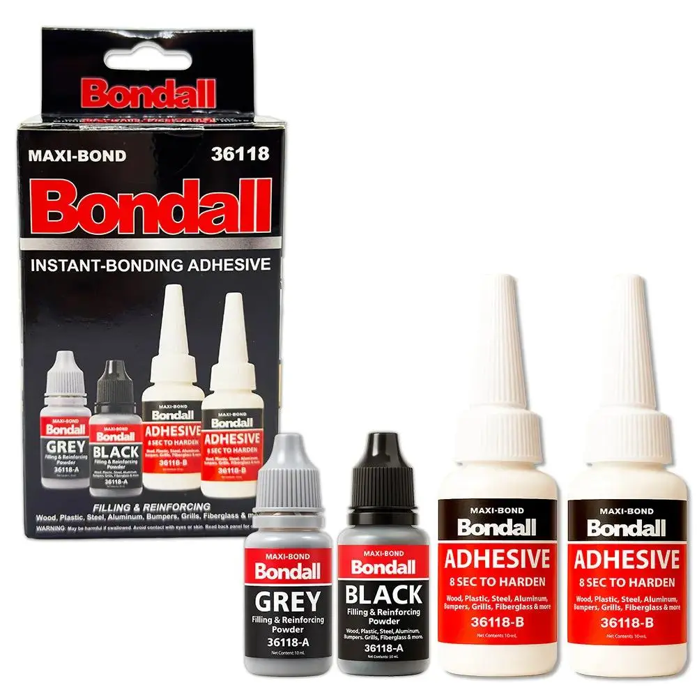 Bondall 4-Piece Instant Bonding 4pc Complete Repair Kit - 2 Super Glue Bottles, 1 Black Plastic Reinforcing Powder, 1 Grey Metal Reinforcing Powder, Strong Waterproof Quick Dry Adhesive for Metal Repairs, 4-Piece Kit